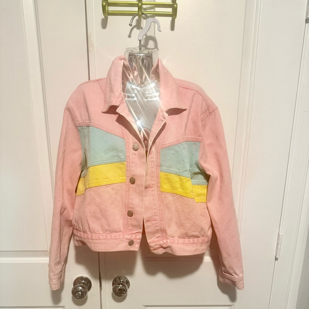 The Impeccable Pig Pink Jean Jacket with Colorful Accents size large - Picture 1 of 6